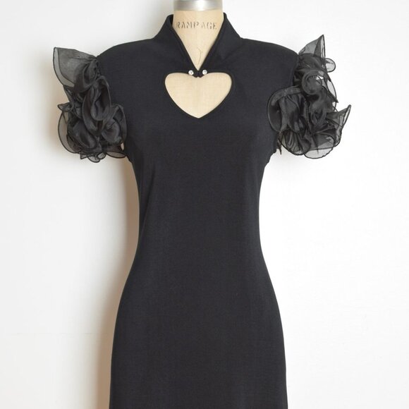 vintage 80s party dress black heart cutout backless party short prom ruffle M - Picture 3 of 11